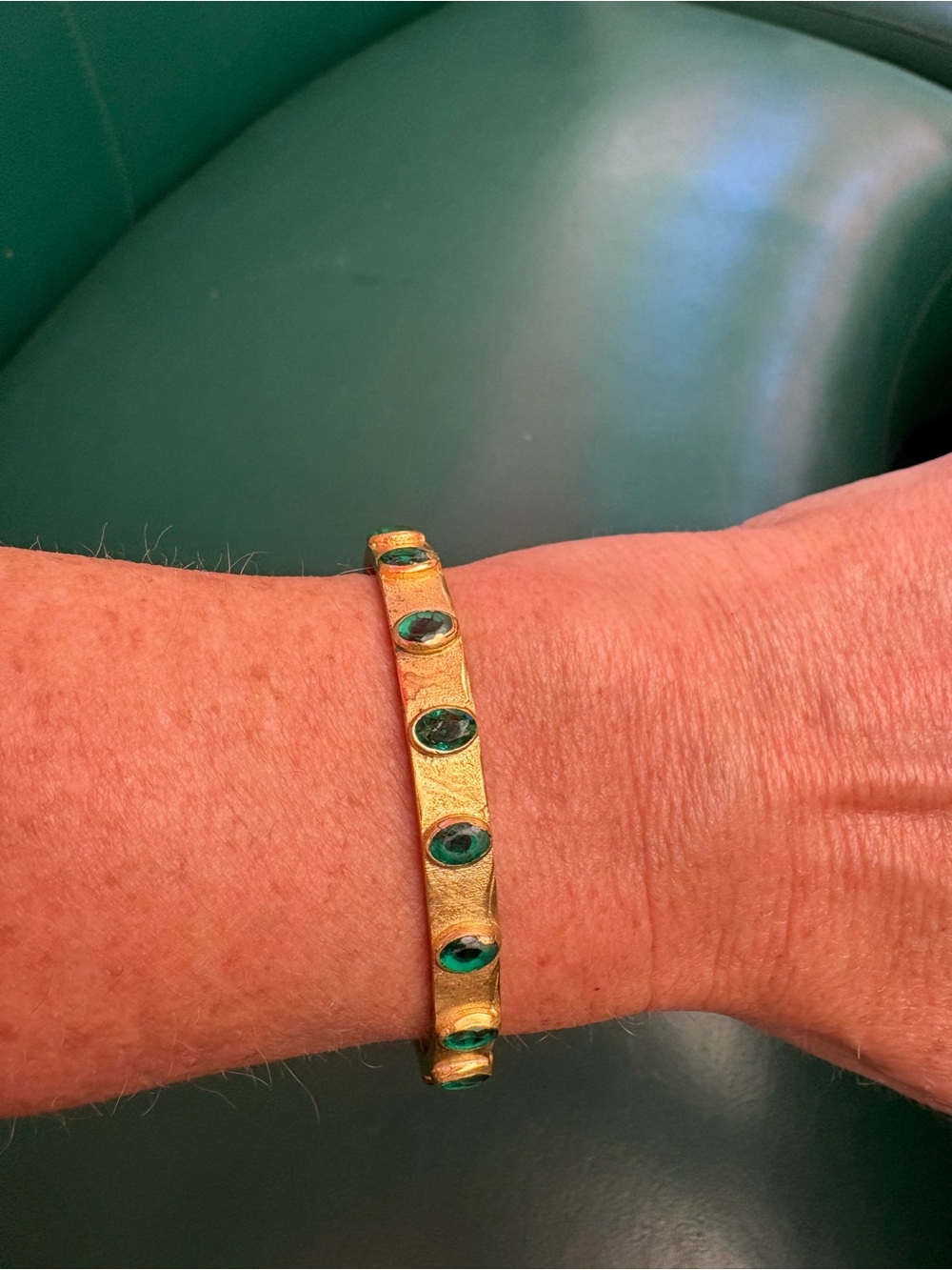 Gold Plated Adjustable Bracelet with Green Oval Accents - Women Jewelry